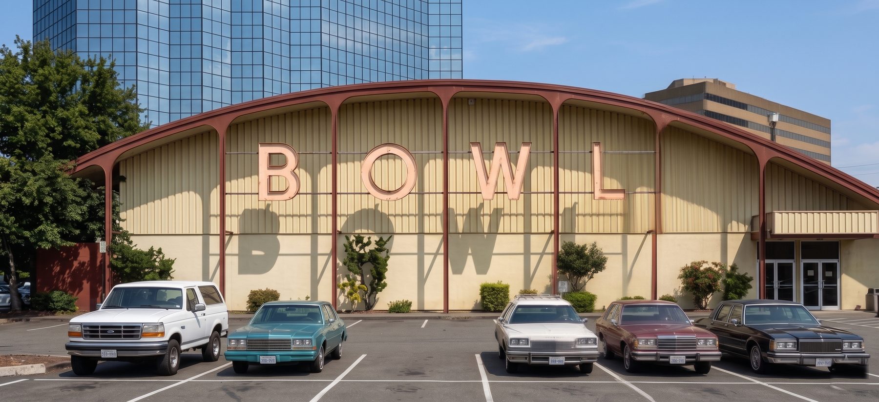 Belle Lanes — a long, curved beige bowling-alley building with giant pink 'BOWL' letters across its facade, vintage cars parked out front and Downtown Bellevue towers rising behind.