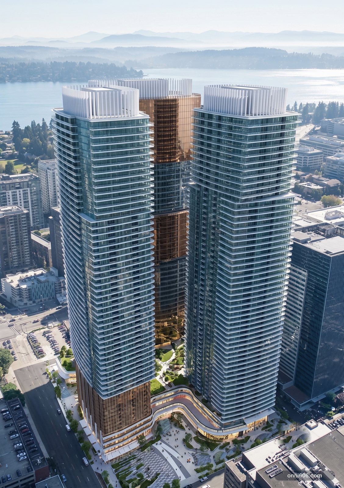 From the east — illustrative AI render of Onni 606, Bellevue