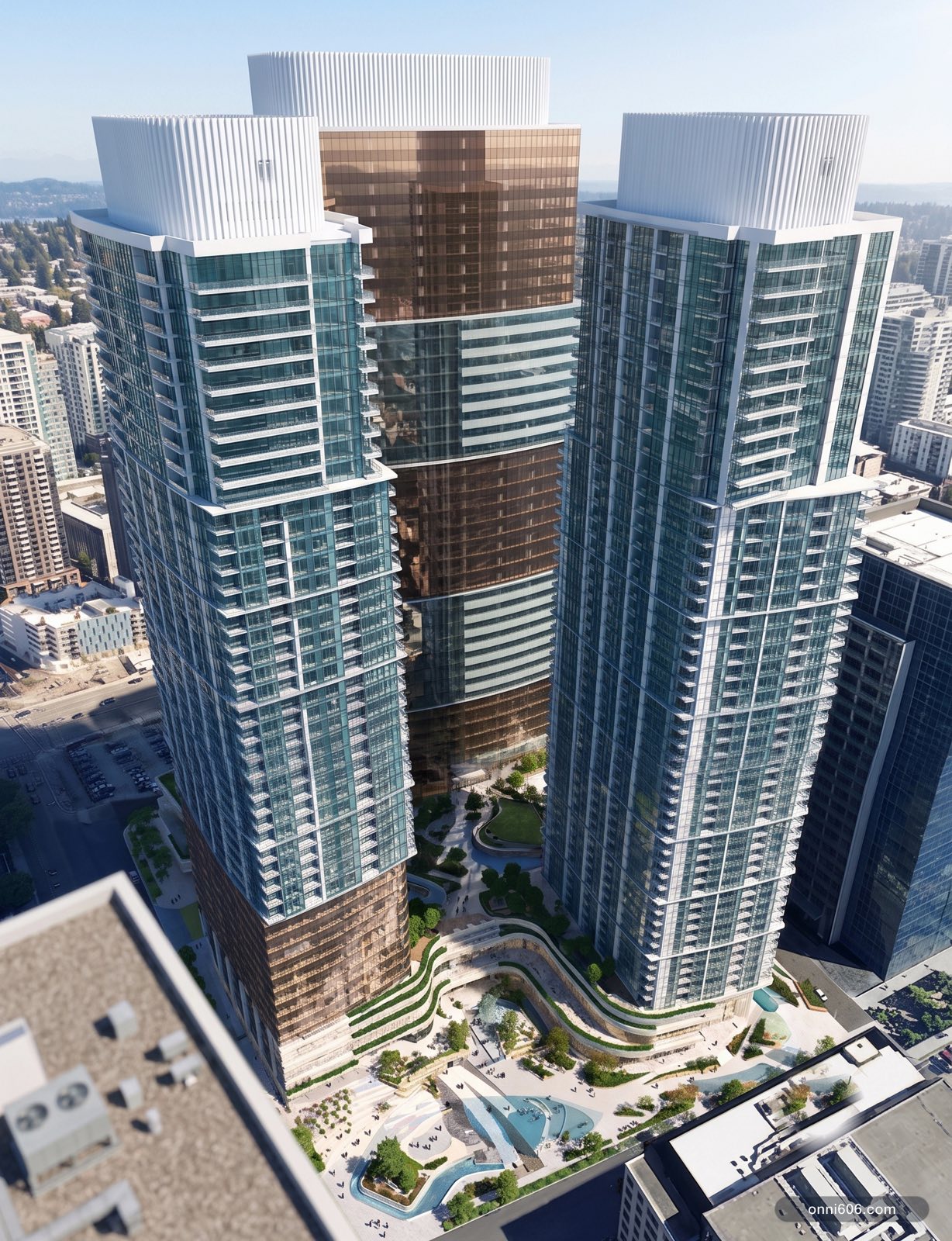 Banked aerial from the northwest — illustrative AI render of Onni 606, Bellevue