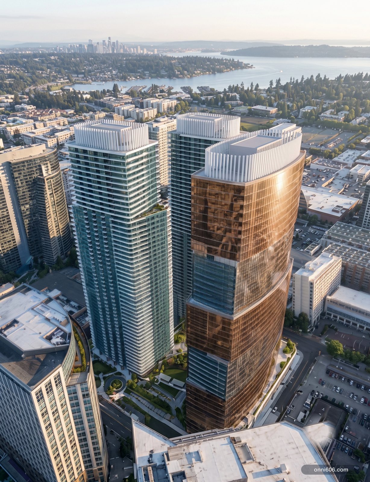 Toward the Seattle skyline — illustrative AI render of Onni 606, Bellevue
