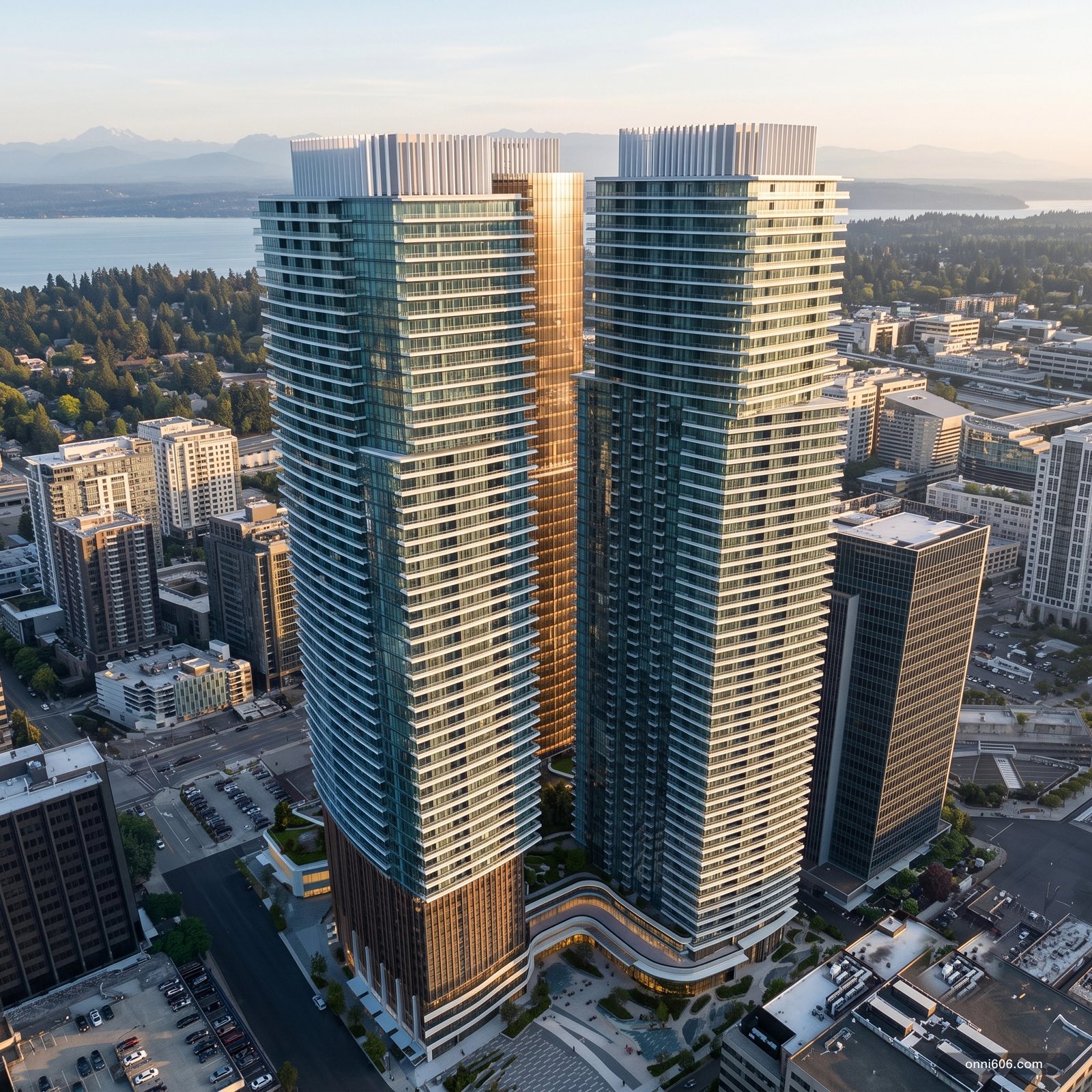 Southwest, golden hour — illustrative AI render of Onni 606, Bellevue
