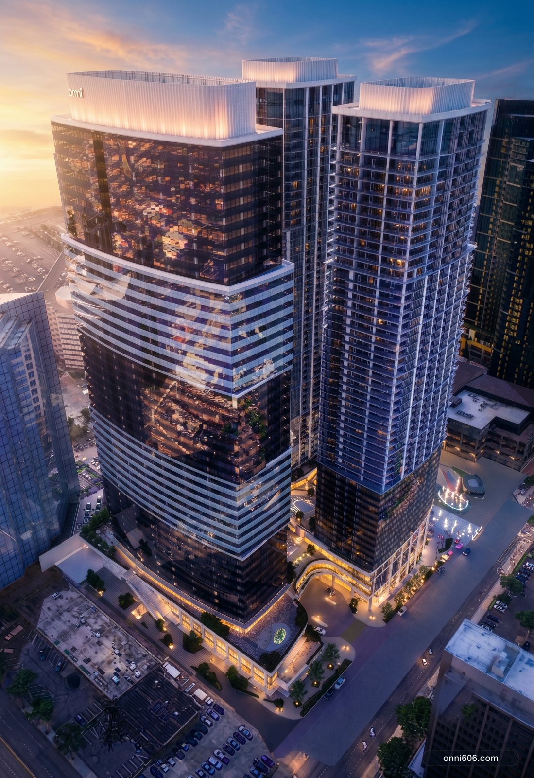 At dusk — illustrative AI render of Onni 606, Bellevue